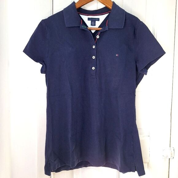Tommy Hilfiger Tops - Tommy Hilfiger Navy Blue Shirt Sleeve Fitted Collar 3/4 Button Polo Shirt Sz L